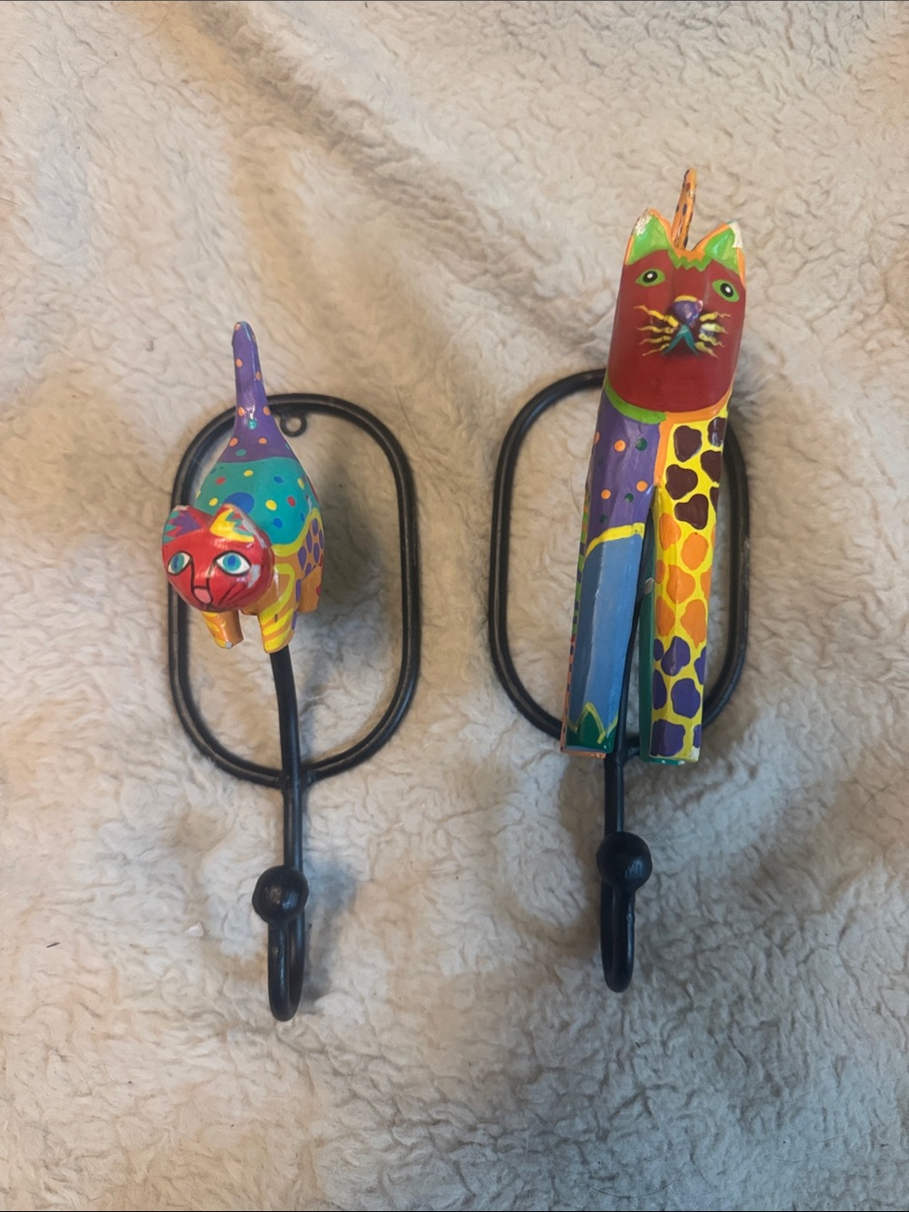 Set of 2 Hand-Painted Multicolor Cat Wall Hooks